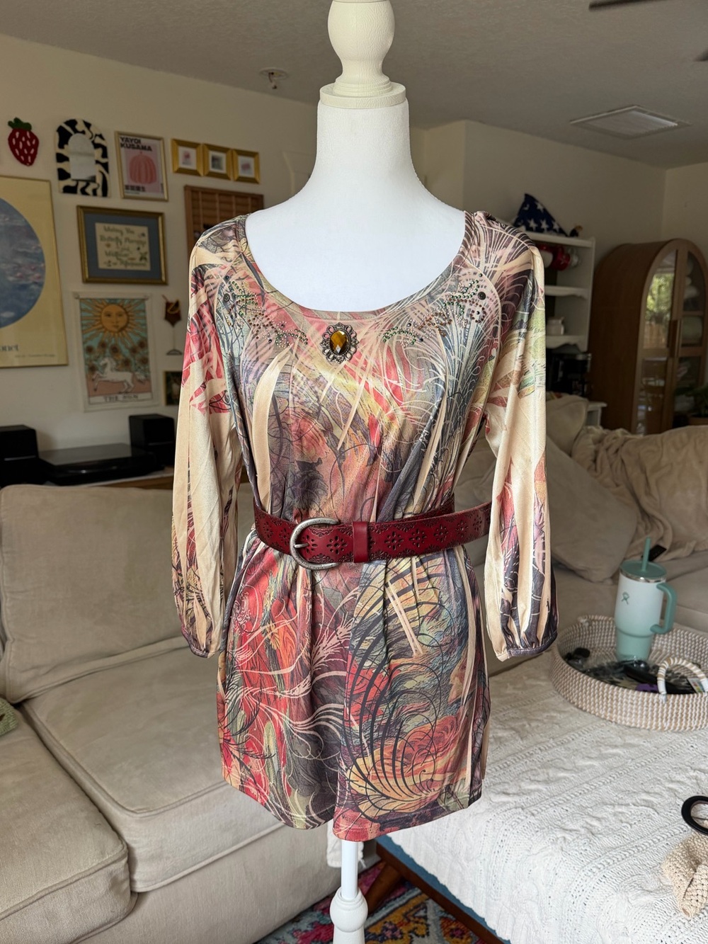 Y2k-Style Boho Whimsical Fairycore B.L.E.U. Brown & Tan Top w Gemstone Neckline